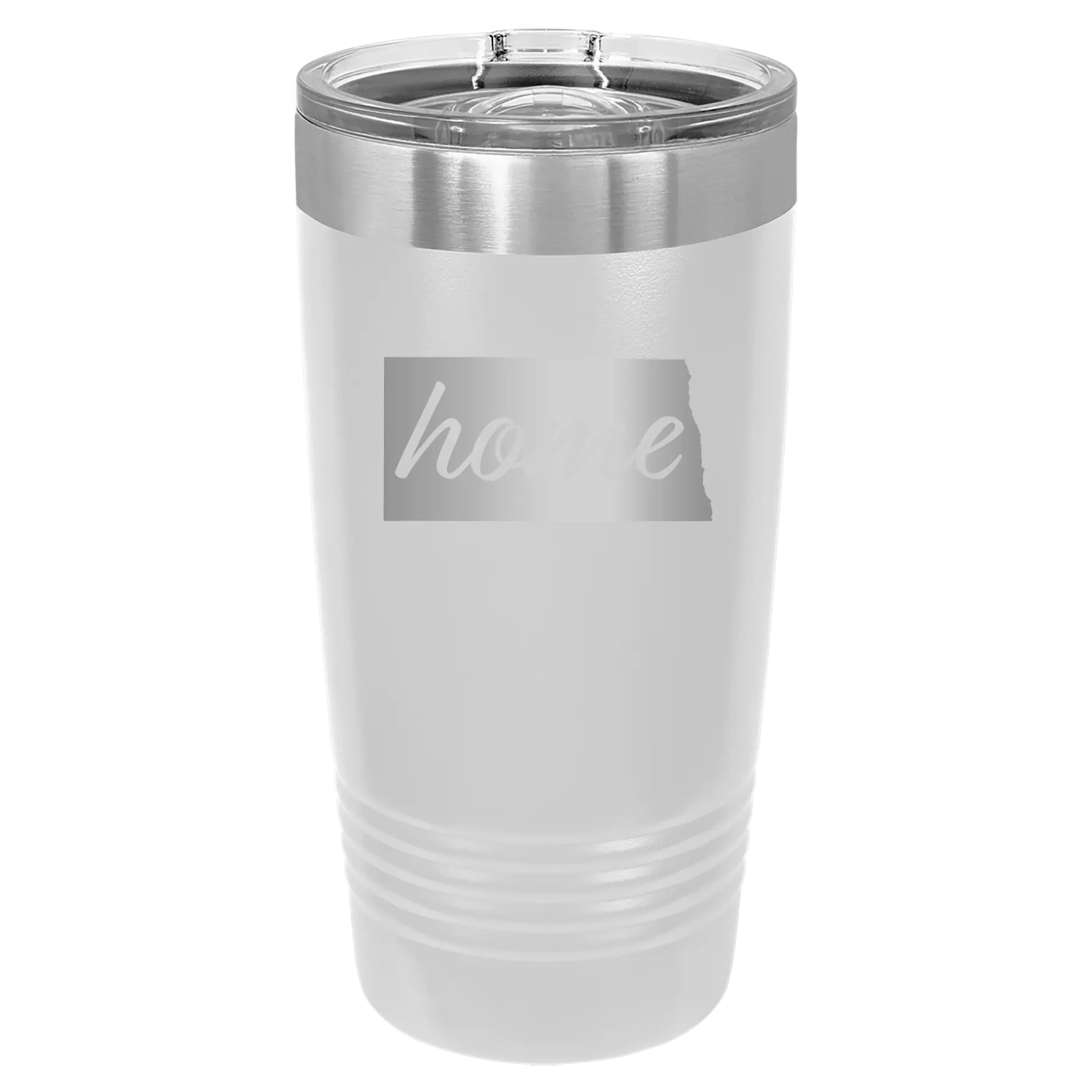Laser etched white 20 oz vacuum insulated tumbler with 'North Dakota Home' design