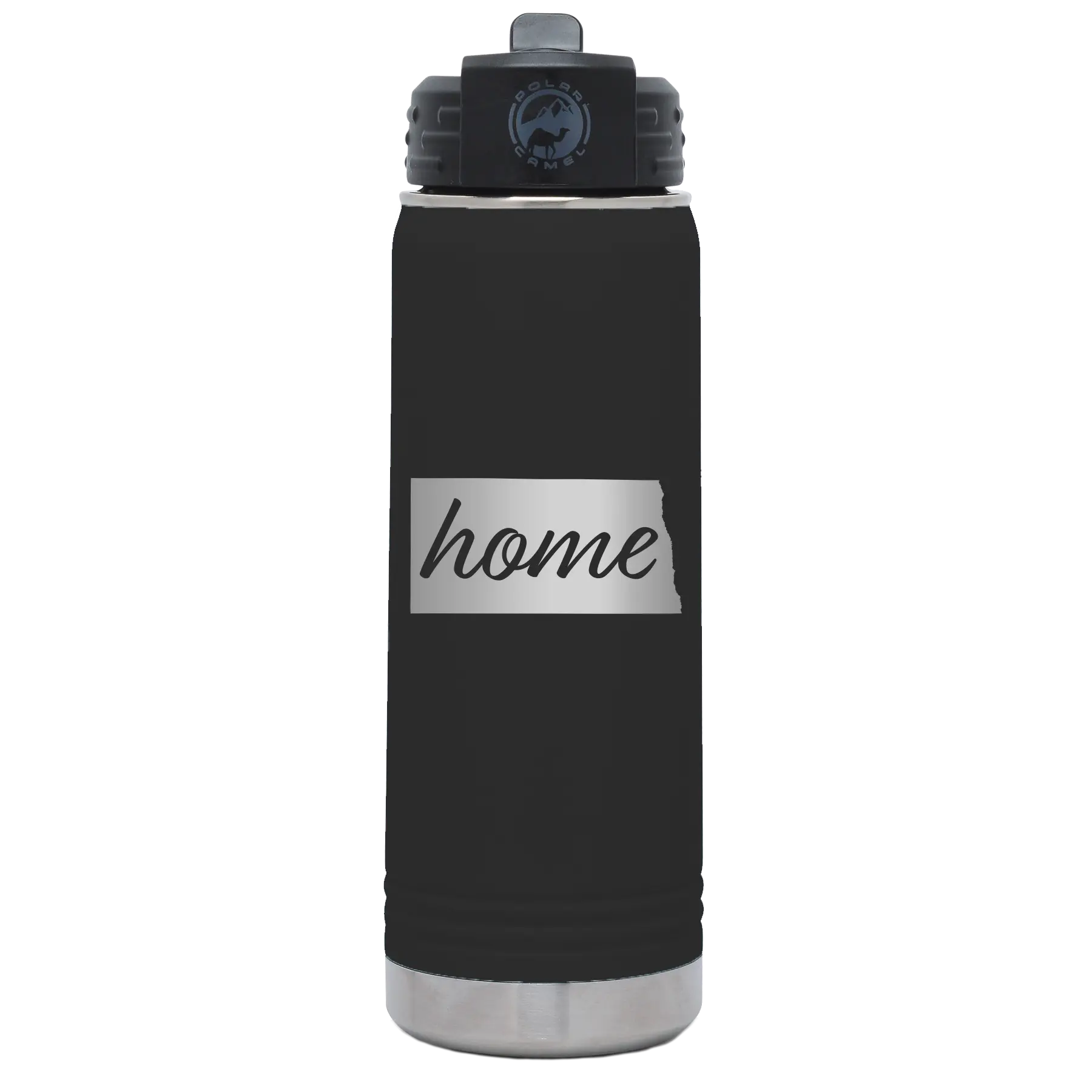 Laser etched black 20 oz vacuum insulated water bottle with 'North Dakota Home' design
