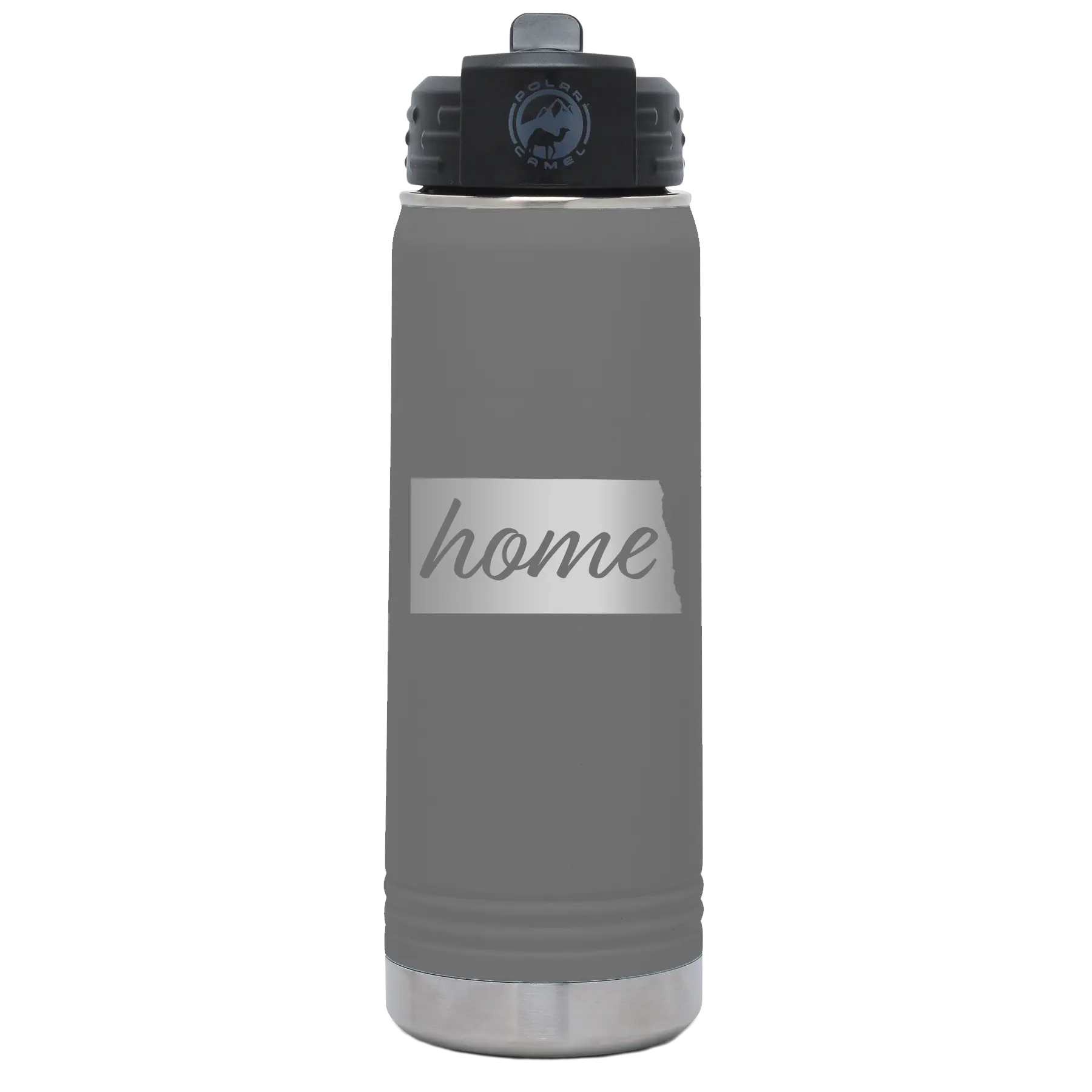 Laser etched dark gray 20 oz vacuum insulated water bottle with 'North Dakota Home' design