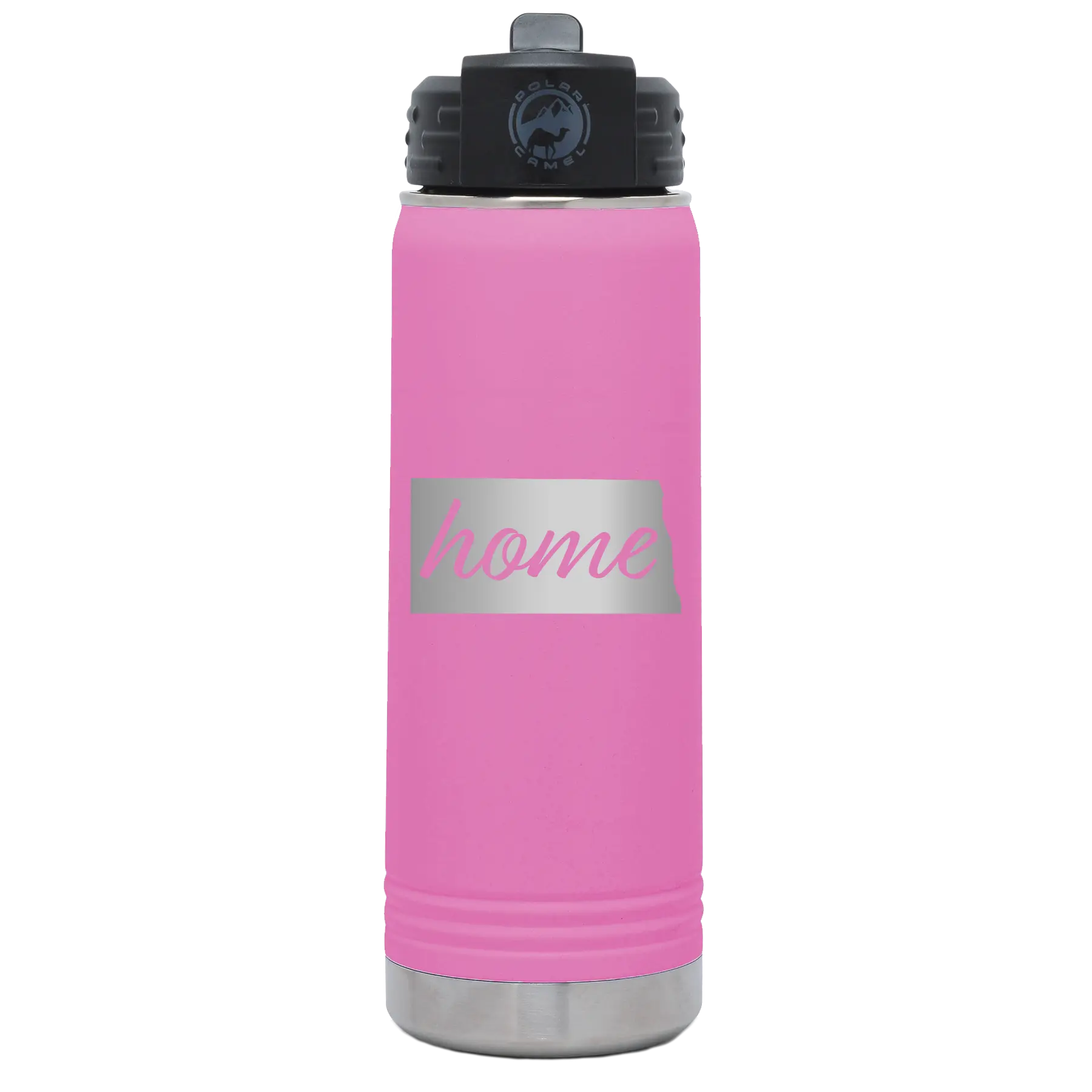 Laser etched light purple 20 oz vacuum insulated water bottle with 'North Dakota Home' design