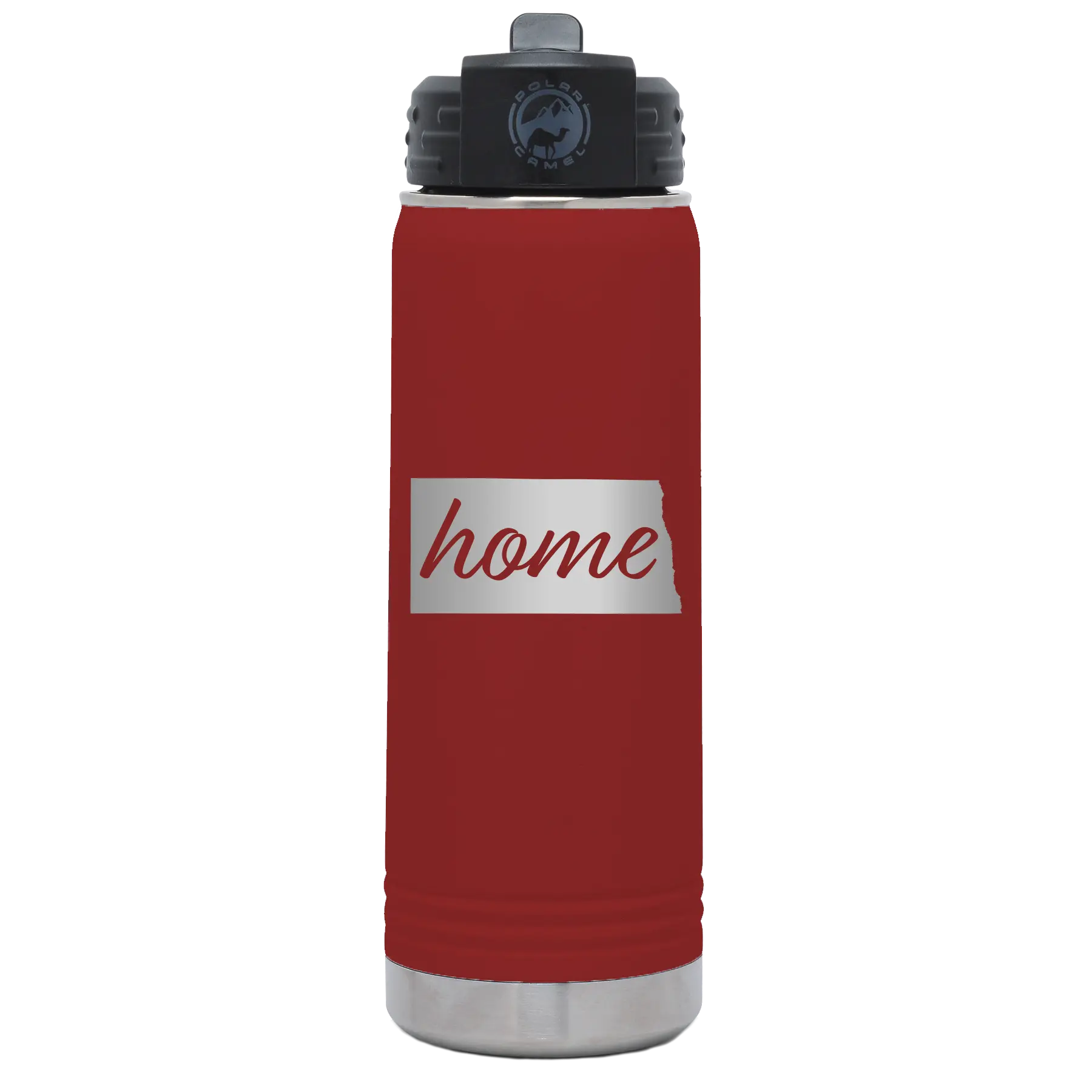 Laser etched maroon 20 oz vacuum insulated water bottle with 'North Dakota Home' design