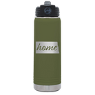 Laser etched olive green 20 oz vacuum insulated water bottle with 'North Dakota Home' design