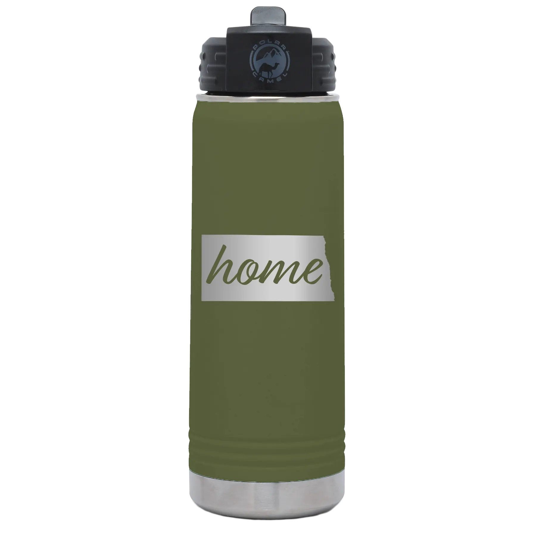 Laser etched olive green 20 oz vacuum insulated water bottle with 'North Dakota Home' design