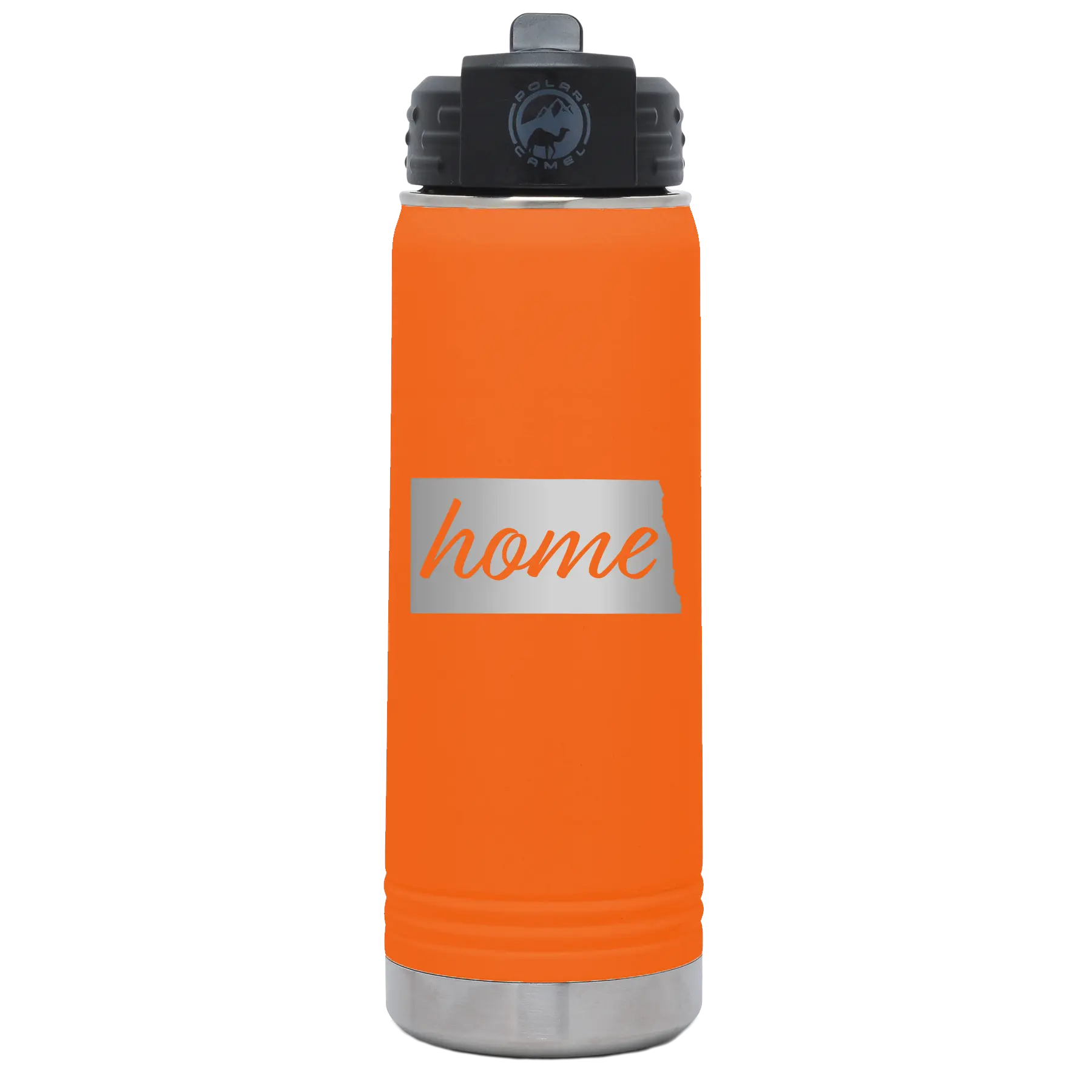 Laser etched orange 20 oz vacuum insulated water bottle with 'North Dakota Home' design