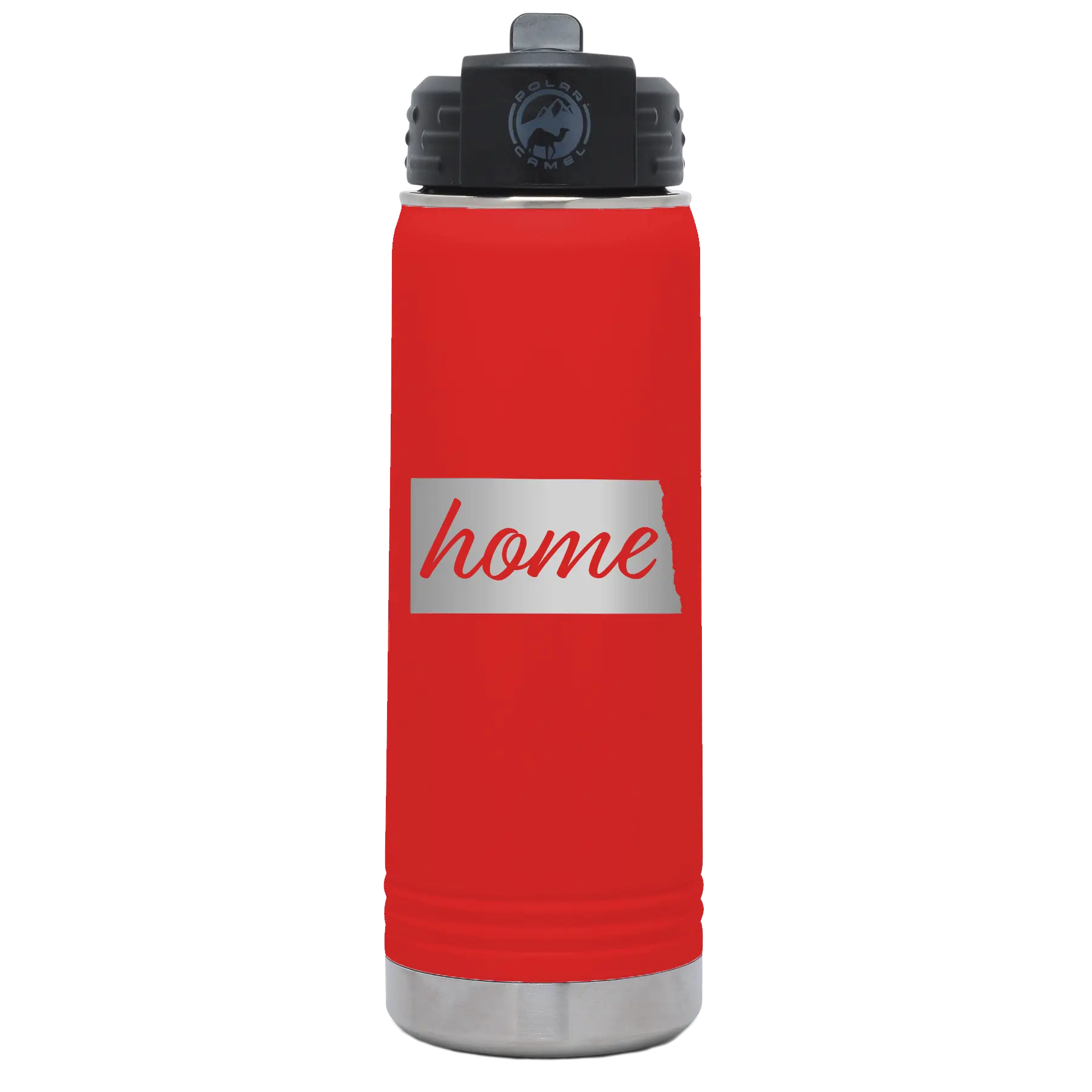 Laser etched red 20 oz vacuum insulated water bottle with 'North Dakota Home' design