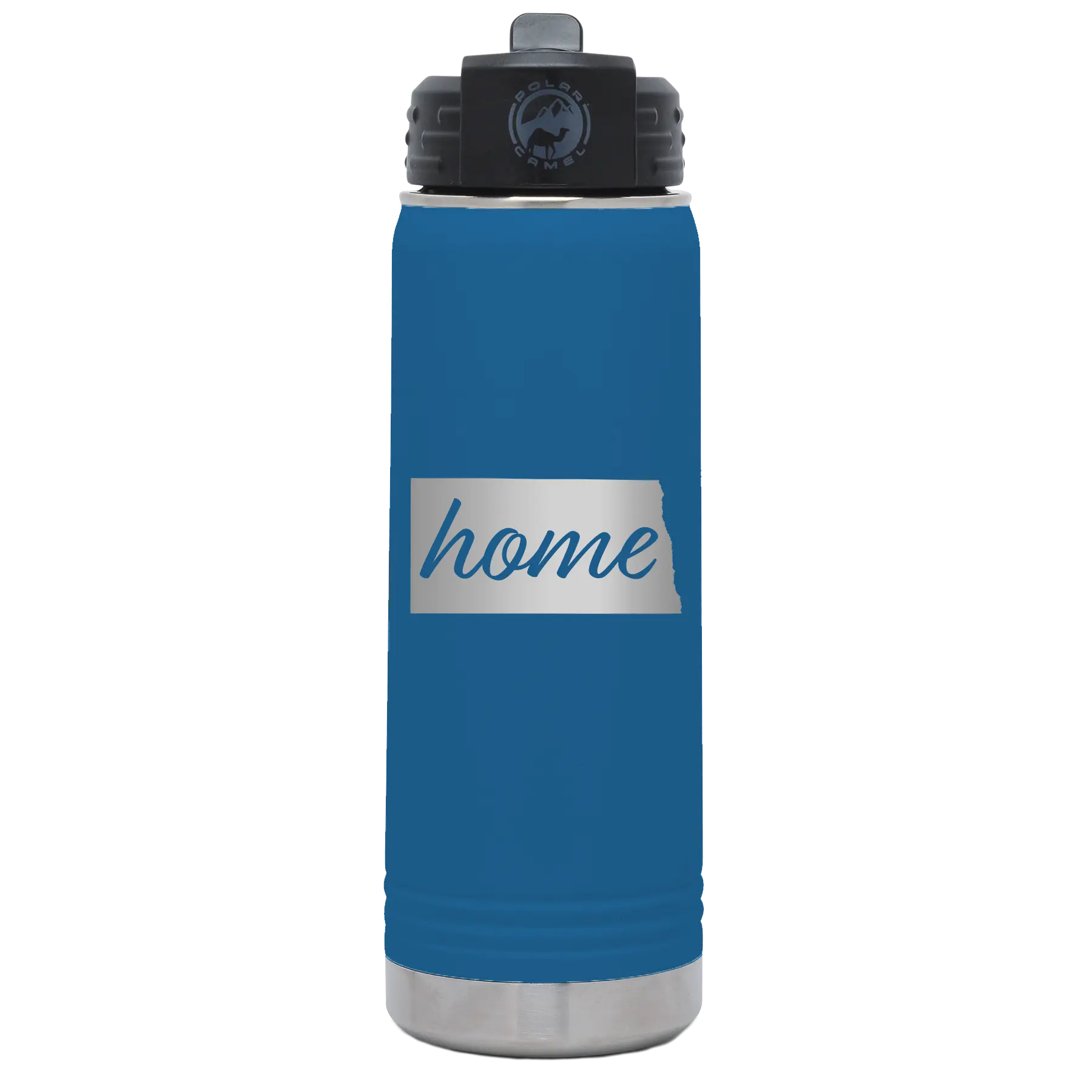 Laser etched royal blue 20 oz vacuum insulated water bottle with 'North Dakota Home' design