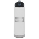 Laser etched white 20 oz vacuum insulated water bottle with 'North Dakota Home' design