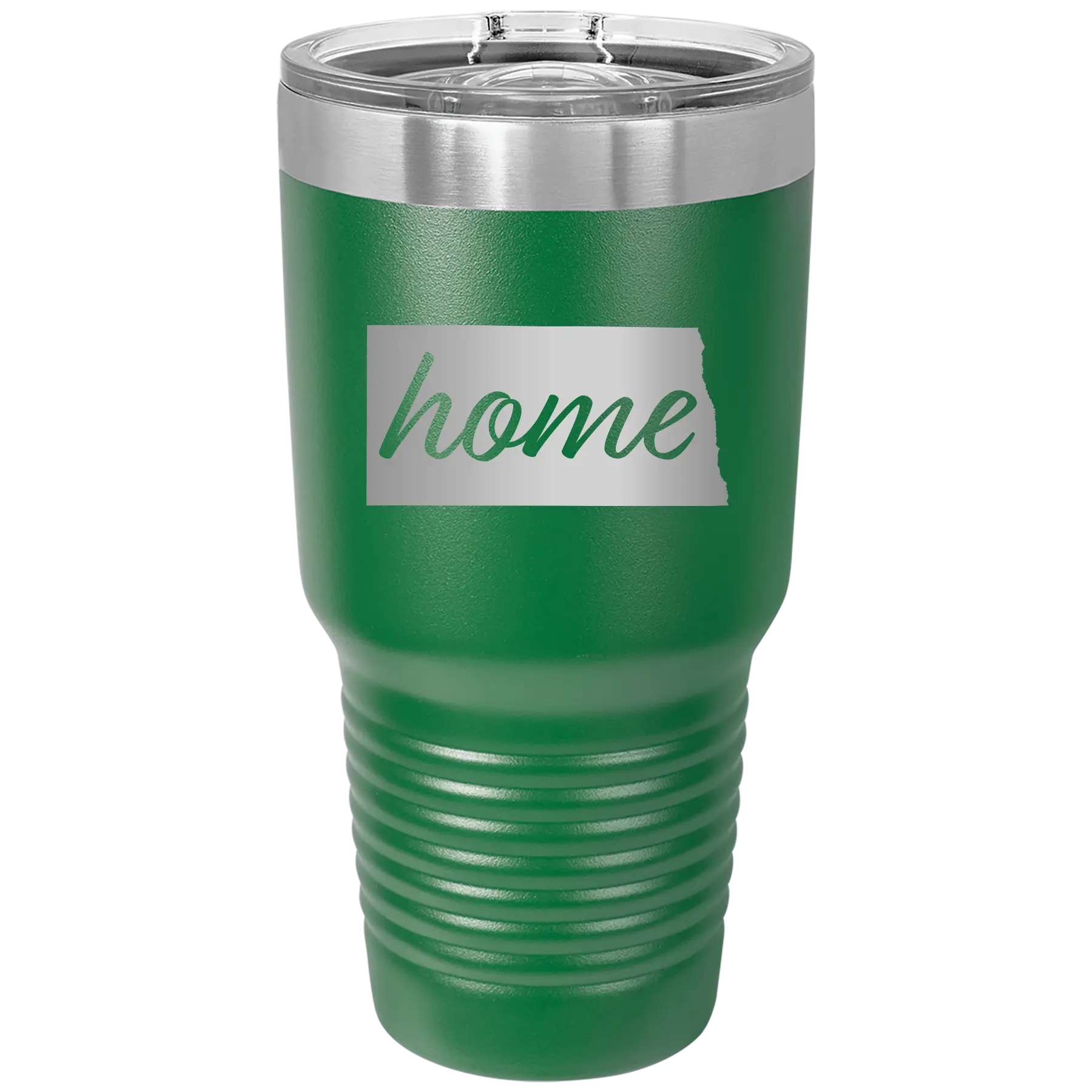 Laser etched green 30 oz vacuum insulated tumbler with 'North Dakota Home' design