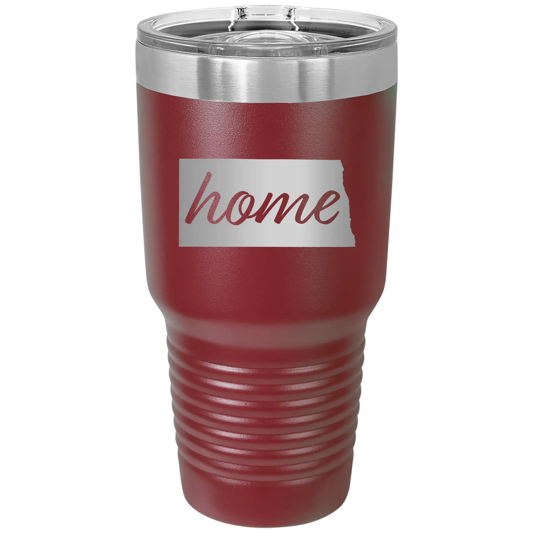 Laser etched maroon 30 oz vacuum insulated tumbler with 'North Dakota Home' design