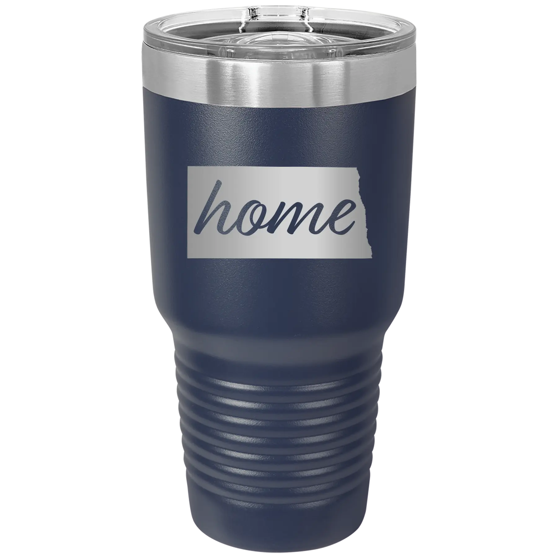 Laser etched navy 30 oz vacuum insulated tumbler with 'North Dakota Home' design