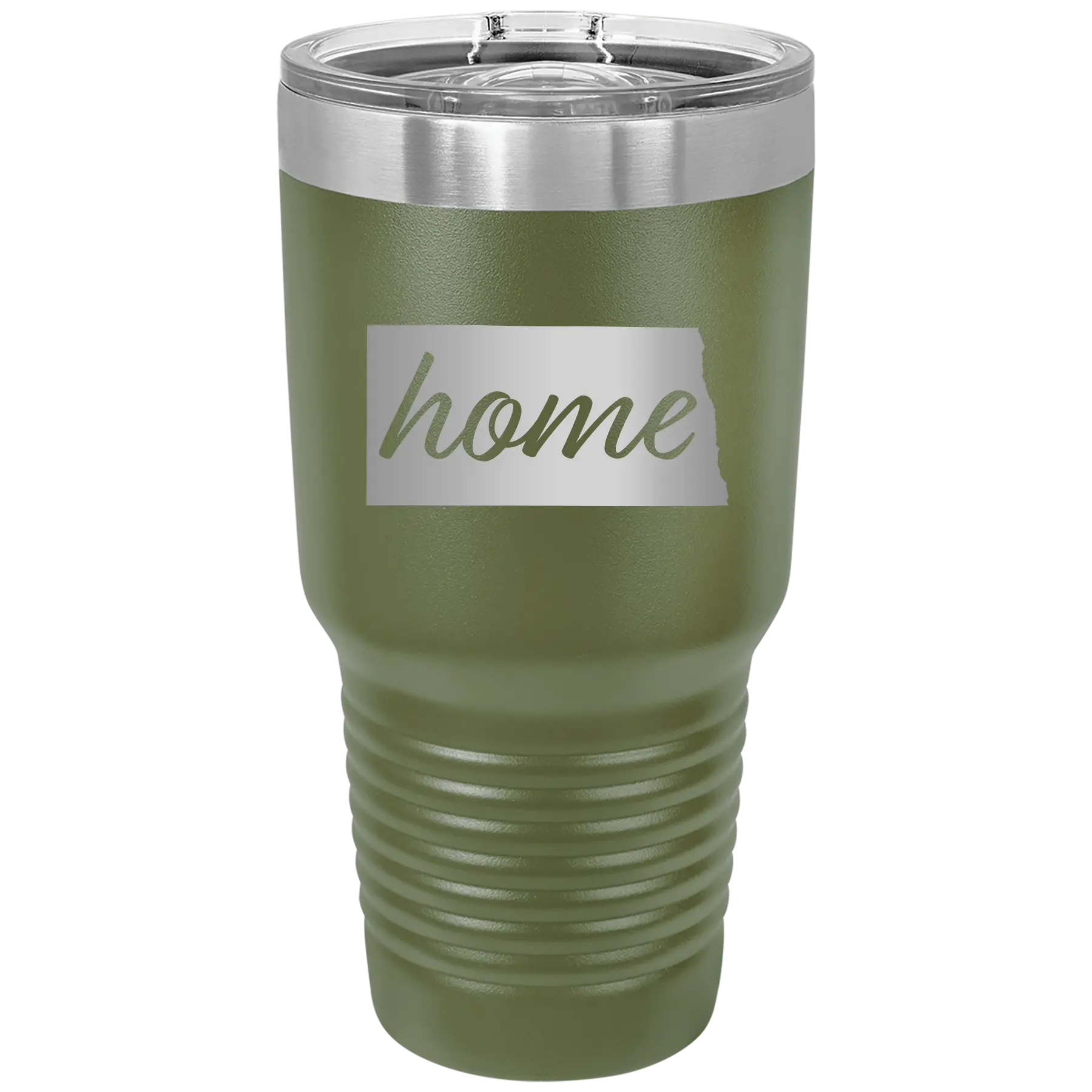 Laser etched olive green 30 oz vacuum insulated tumbler with 'North Dakota Home' design
