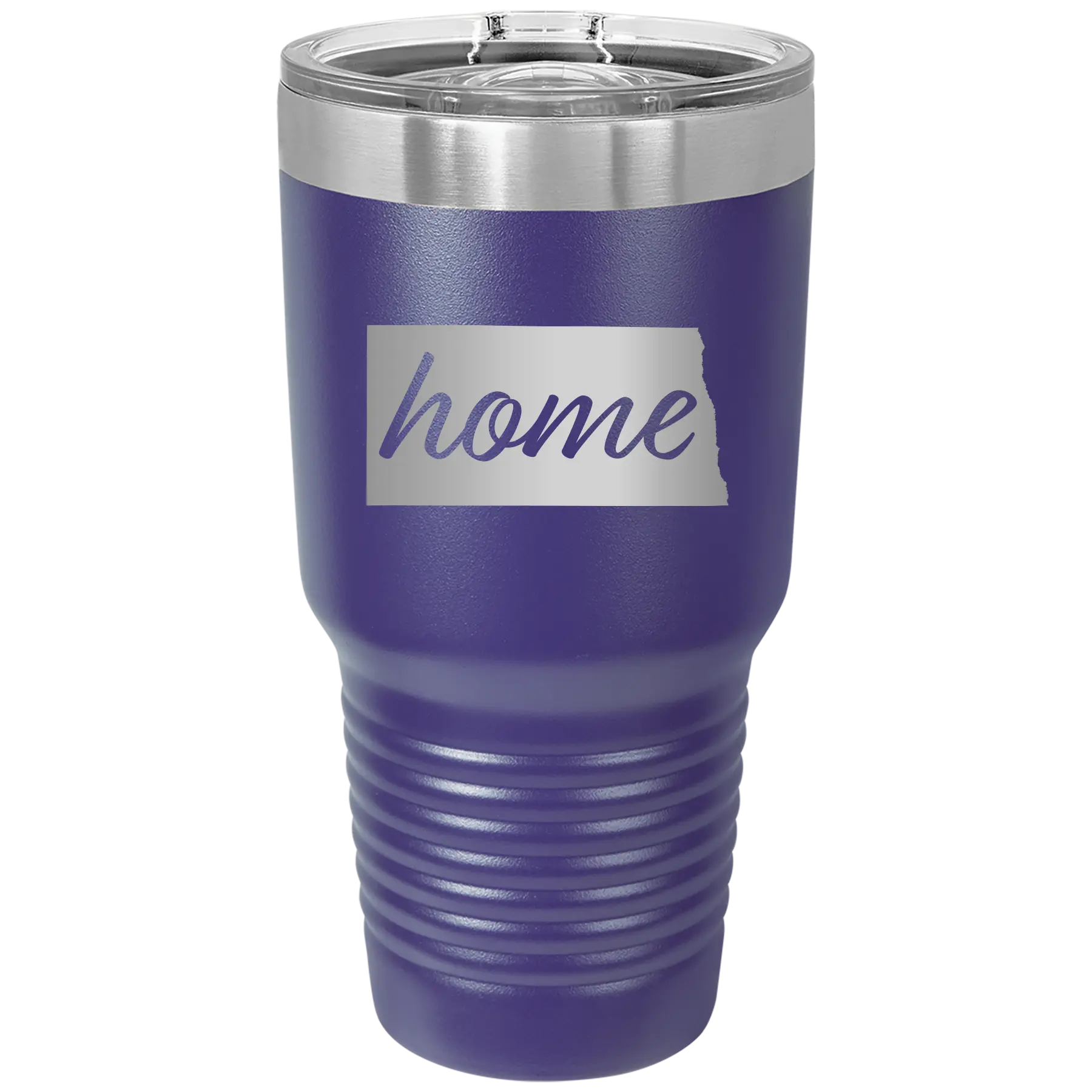 Laser etched purple 30 oz vacuum insulated tumbler with 'North Dakota Home' design