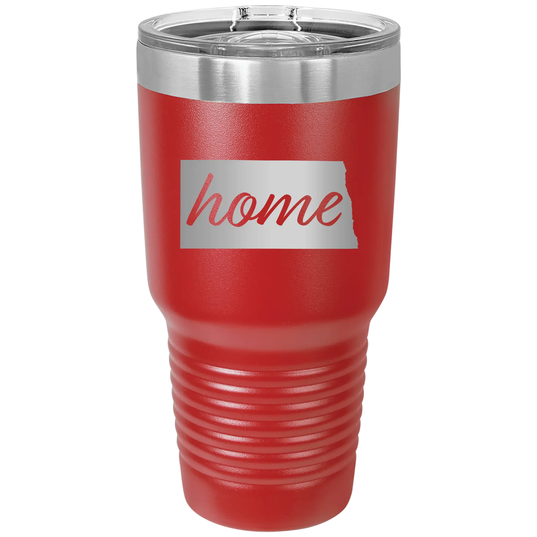 Laser etched red 30 oz vacuum insulated tumbler with 'North Dakota Home' design