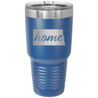 Laser etched royal blue 30 oz vacuum insulated tumbler with 'North Dakota Home' design