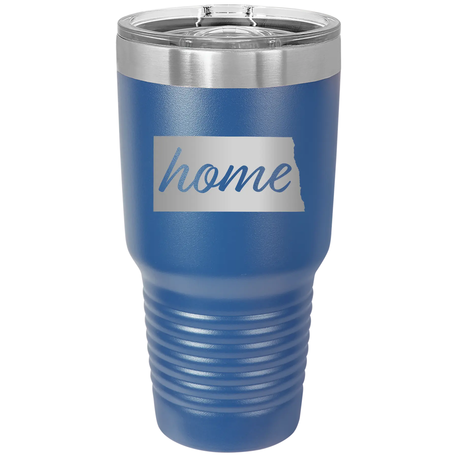 Laser etched royal blue 30 oz vacuum insulated tumbler with 'North Dakota Home' design