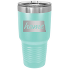 Laser etched teal 30 oz vacuum insulated tumbler with 'North Dakota Home' design