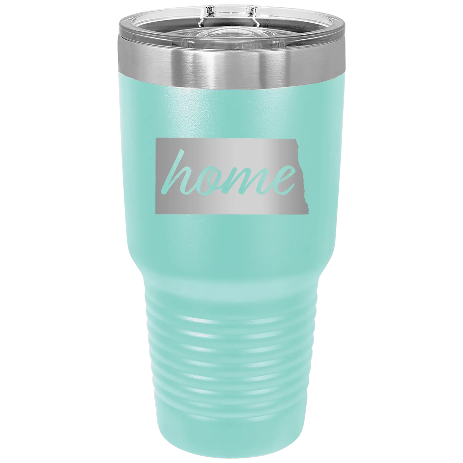 Laser etched teal 30 oz vacuum insulated tumbler with 'North Dakota Home' design
