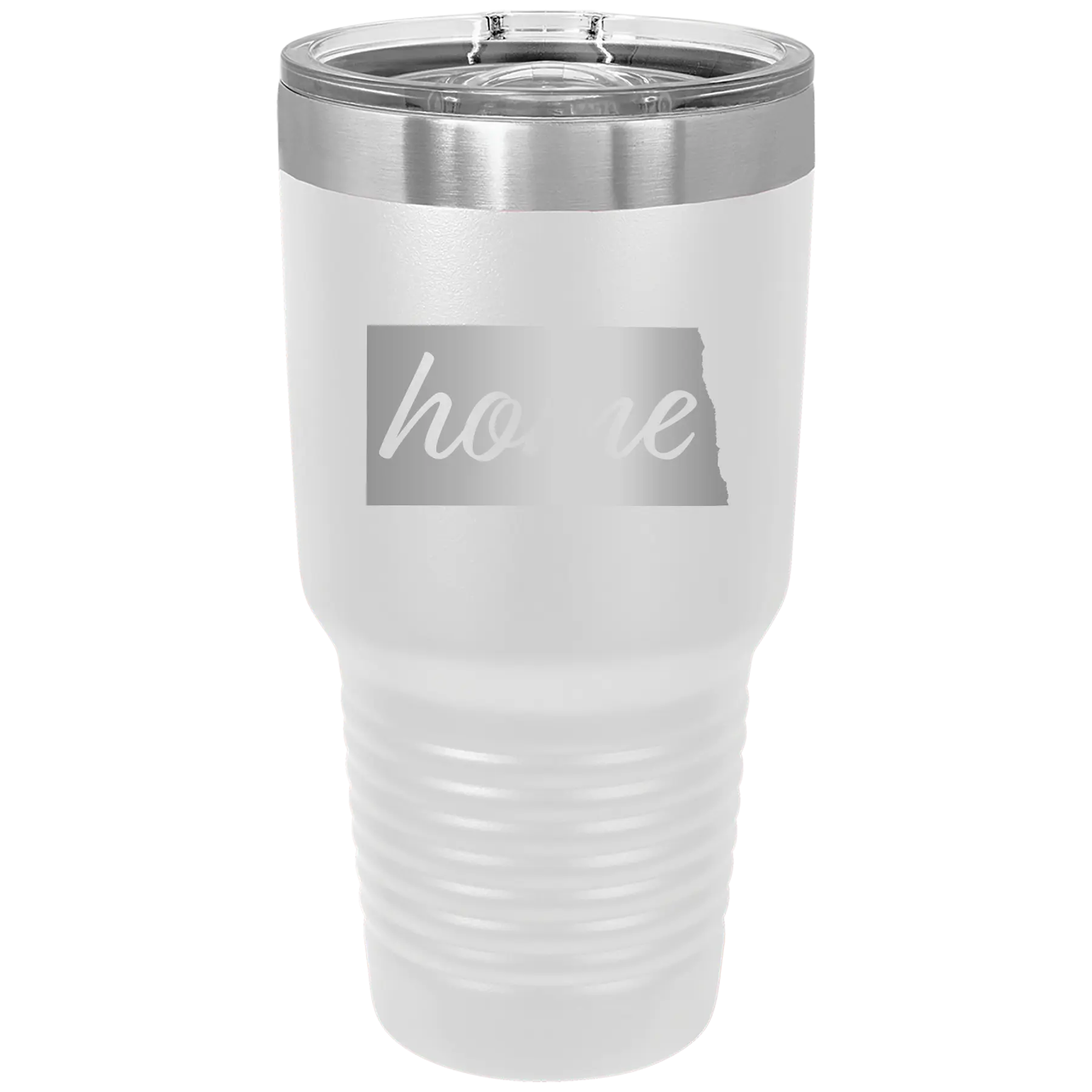 Laser etched white 30 oz vacuum insulated tumbler with 'North Dakota Home' design