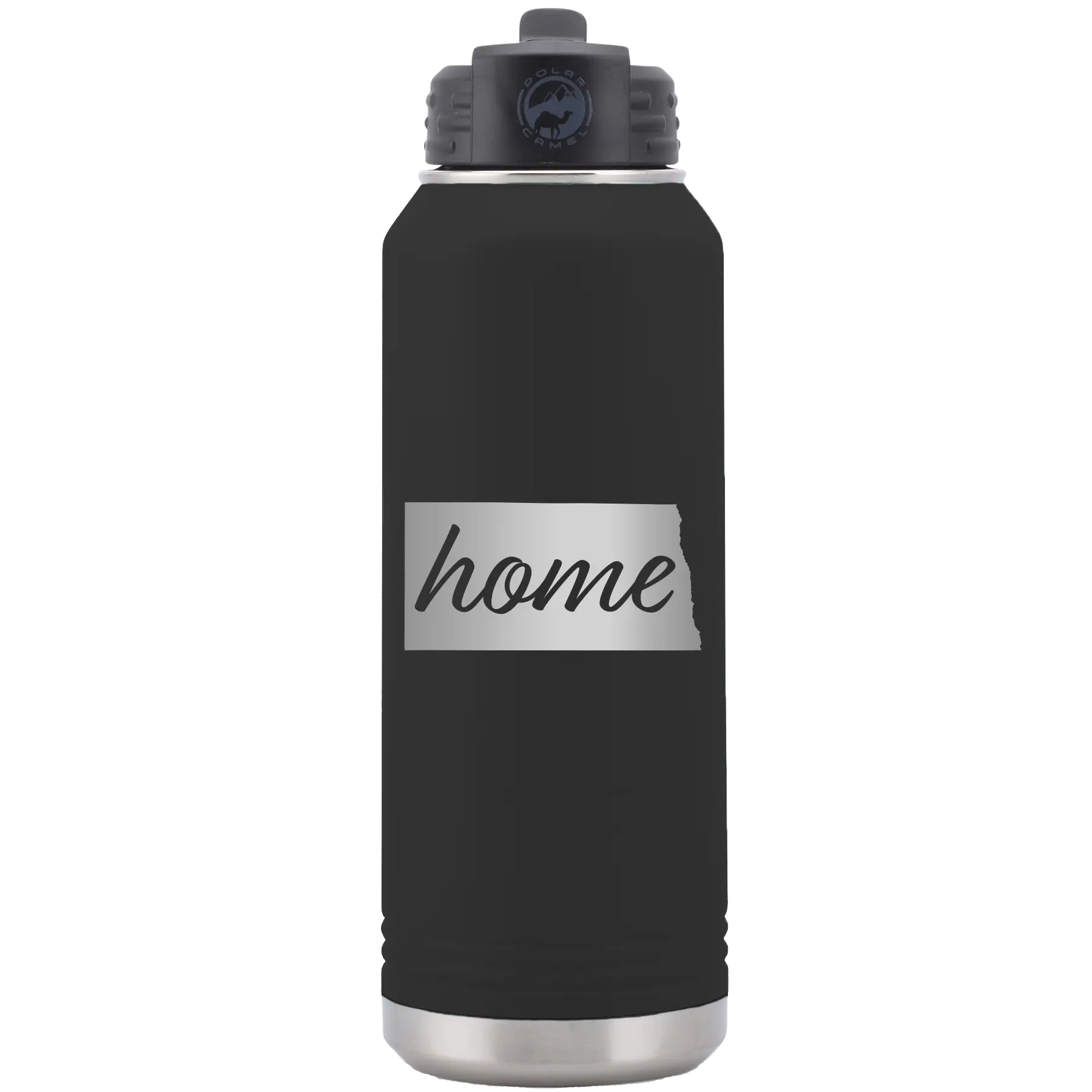 Laser etched black 32 oz vacuum insulated water bottle with 'North Dakota Home' design