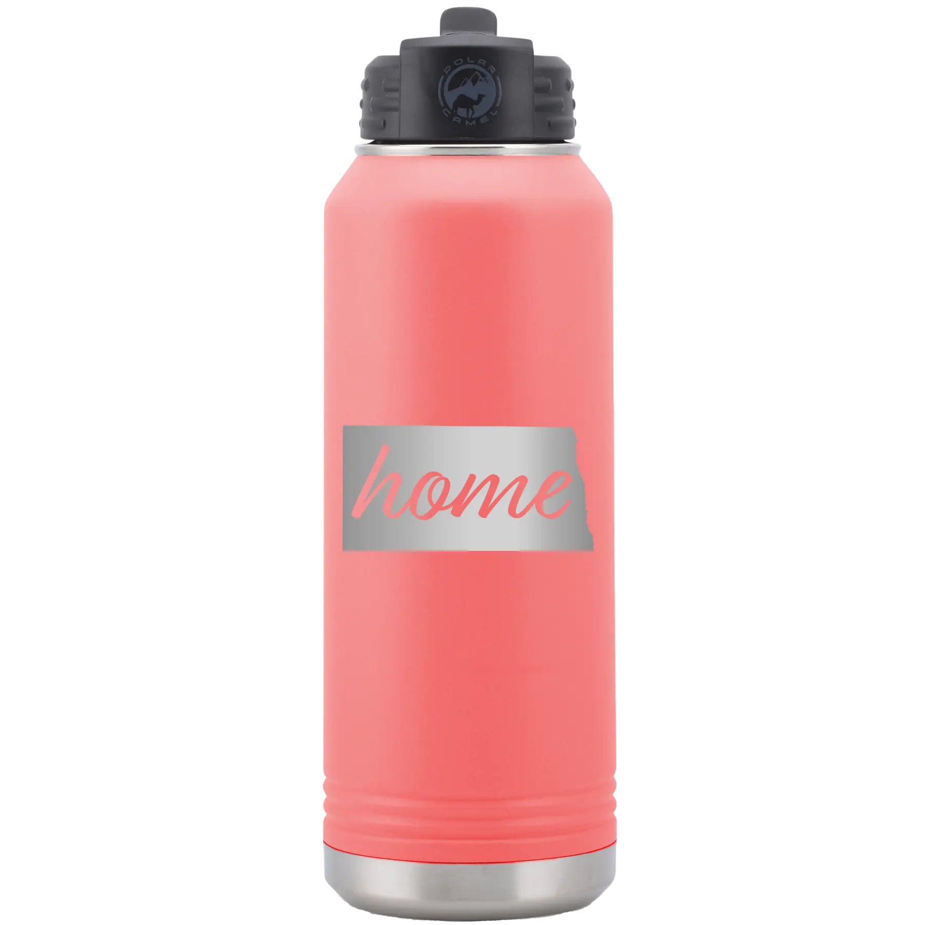 Laser etched coral 32 oz vacuum insulated water bottle with 'North Dakota Home' design