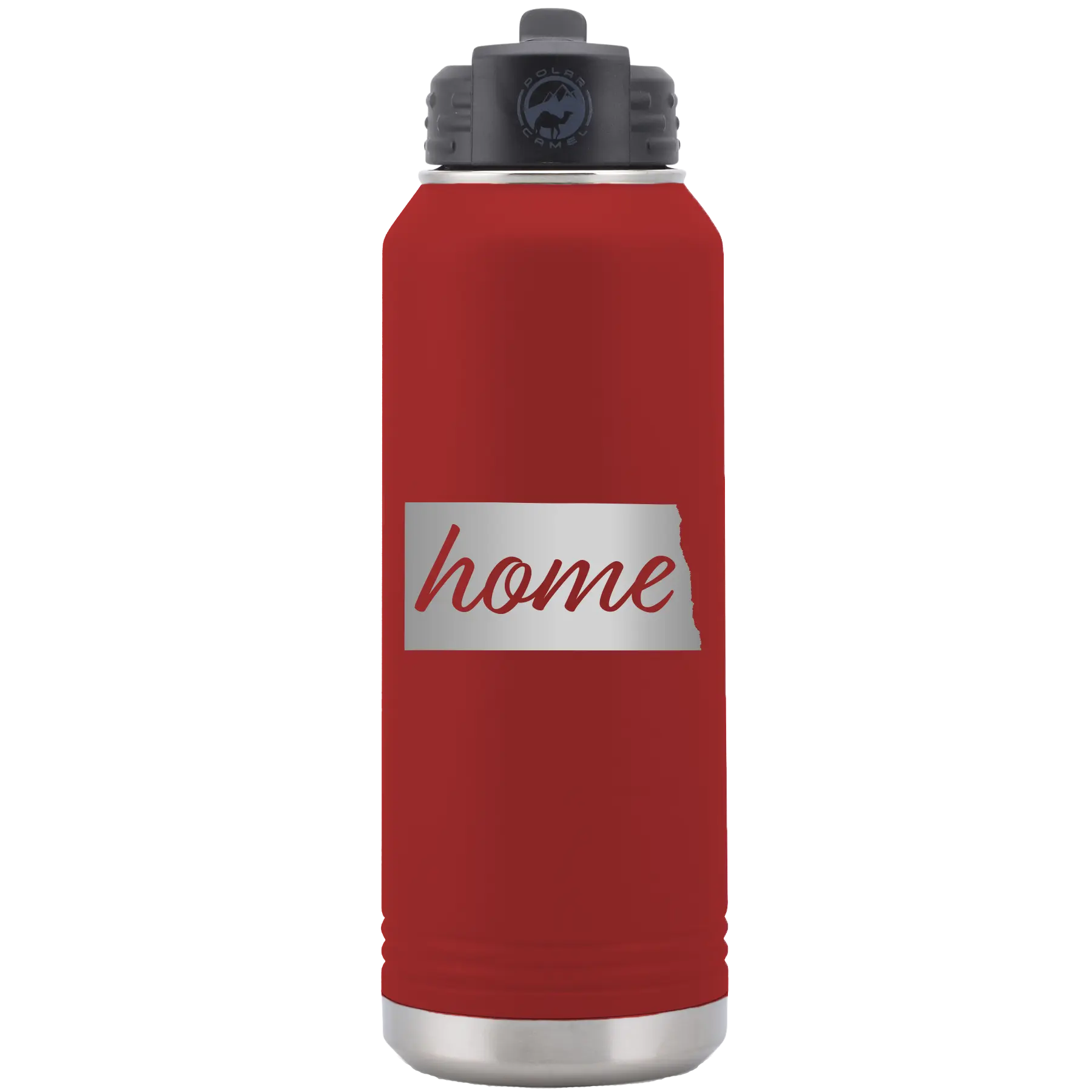 Laser etched maroon 32 oz vacuum insulated water bottle with 'North Dakota Home' design