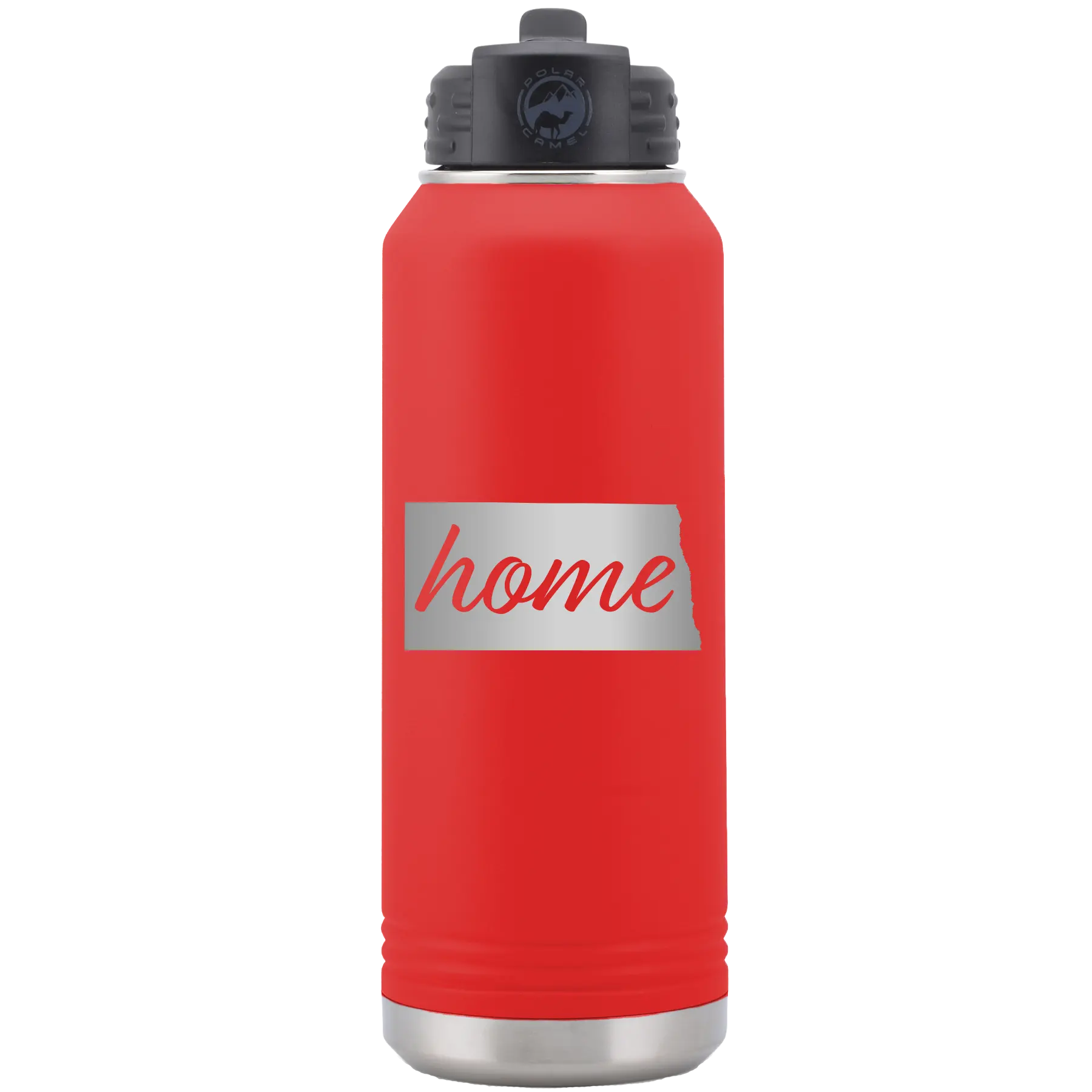 Laser etched red 32 oz vacuum insulated water bottle with 'North Dakota Home' design