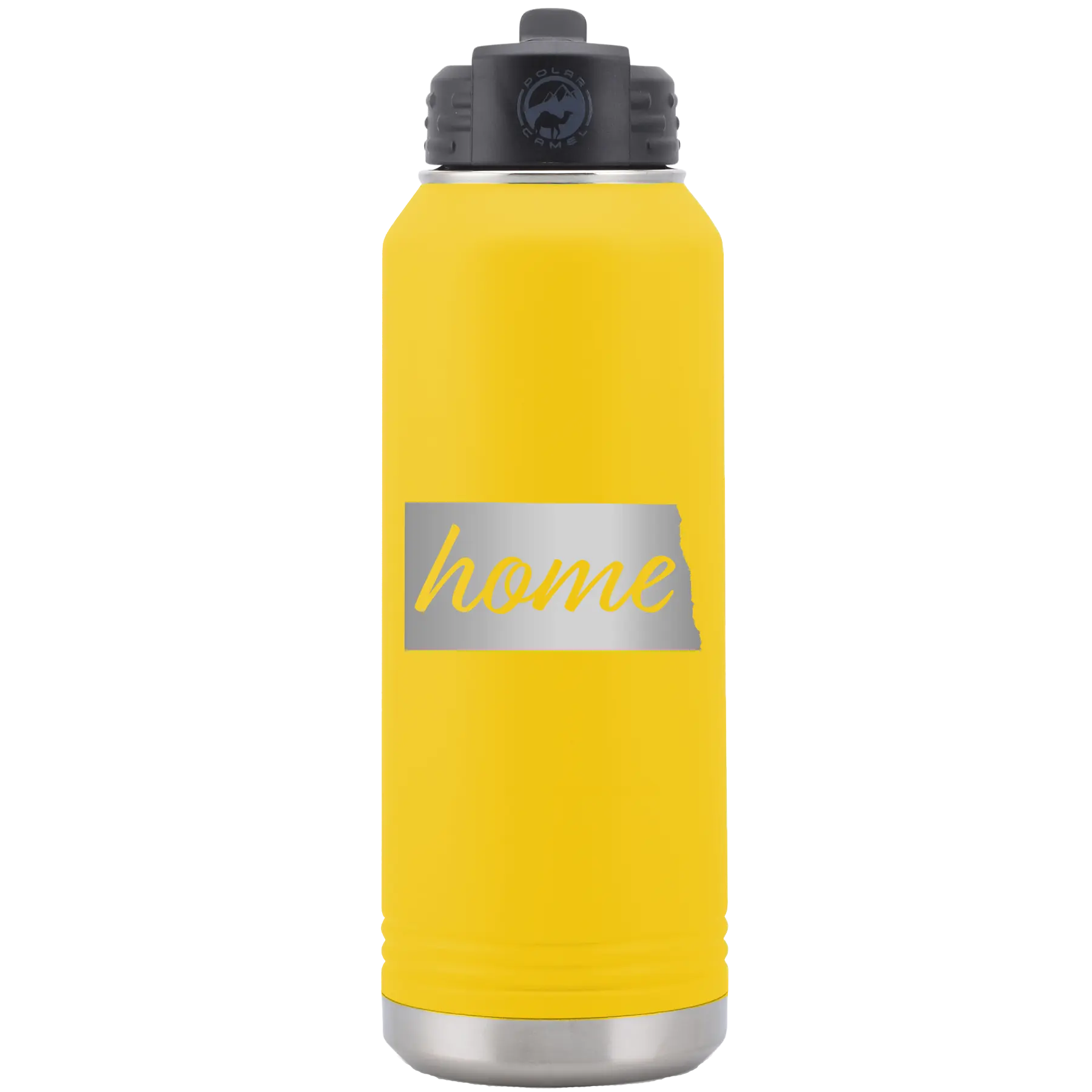 Laser etched yellow 32 oz vacuum insulated water bottle with 'North Dakota Home' design