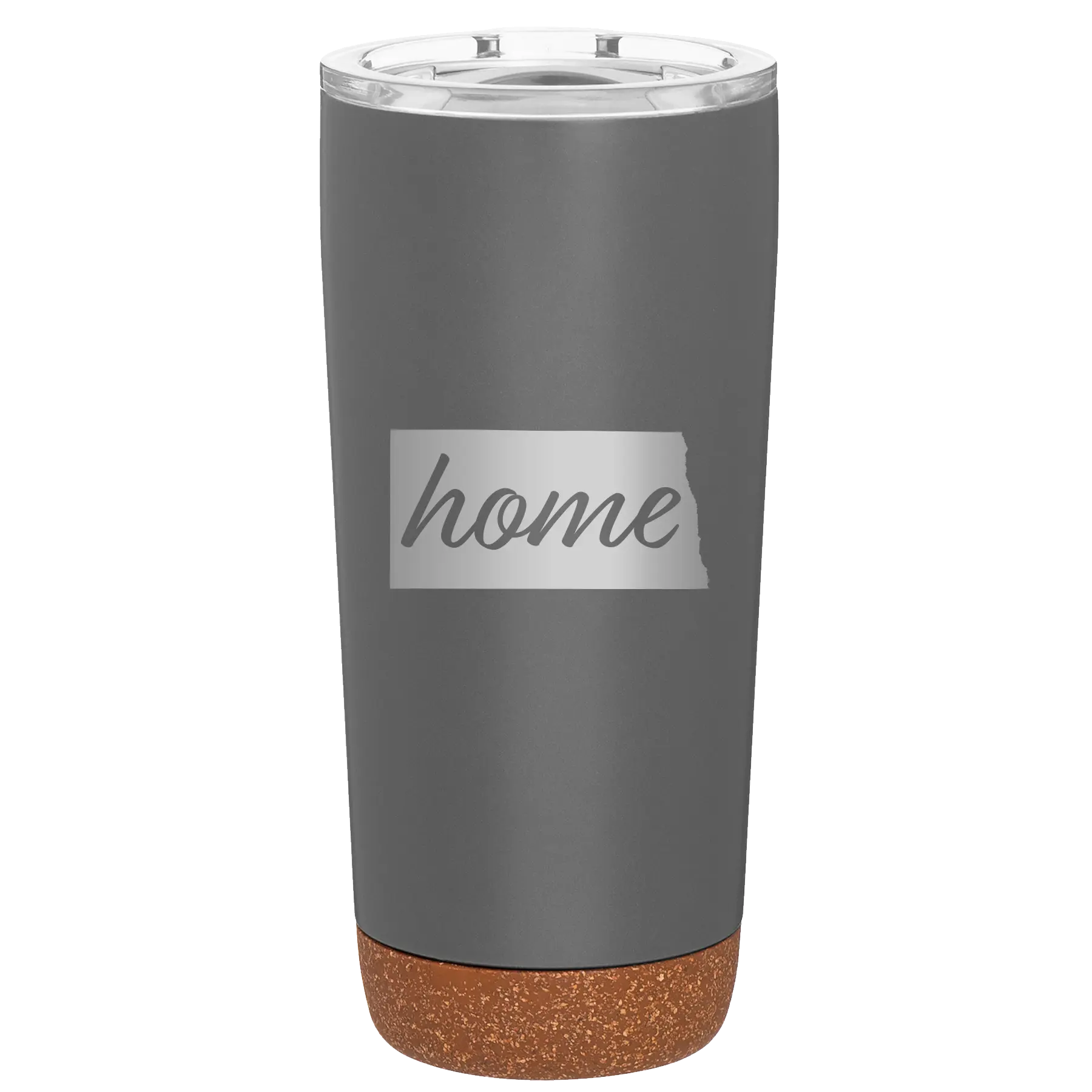 Laser etched storm gray 20 oz vacuum insulated tumbler with 'North Dakota Home' design