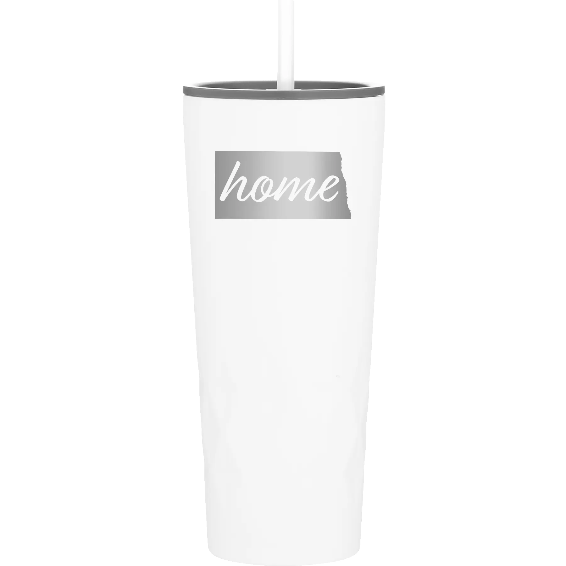 Laser etched white 20 oz vacuum insulated tumbler with 'North Dakota Home' design