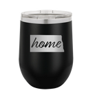 Laser etched black 12 oz vacuum insulated wine cup with 'North Dakota Home' design