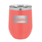 Laser etched coral 12 oz vacuum insulated wine cup with 'North Dakota Home' design