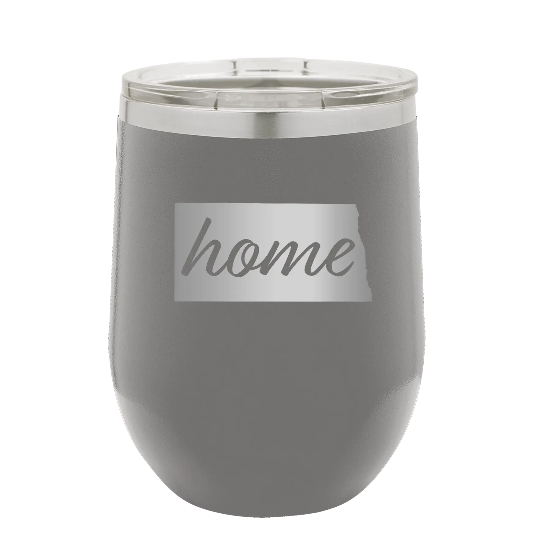 Laser etched dark gray 12 oz vacuum insulated wine cup with 'North Dakota Home' design