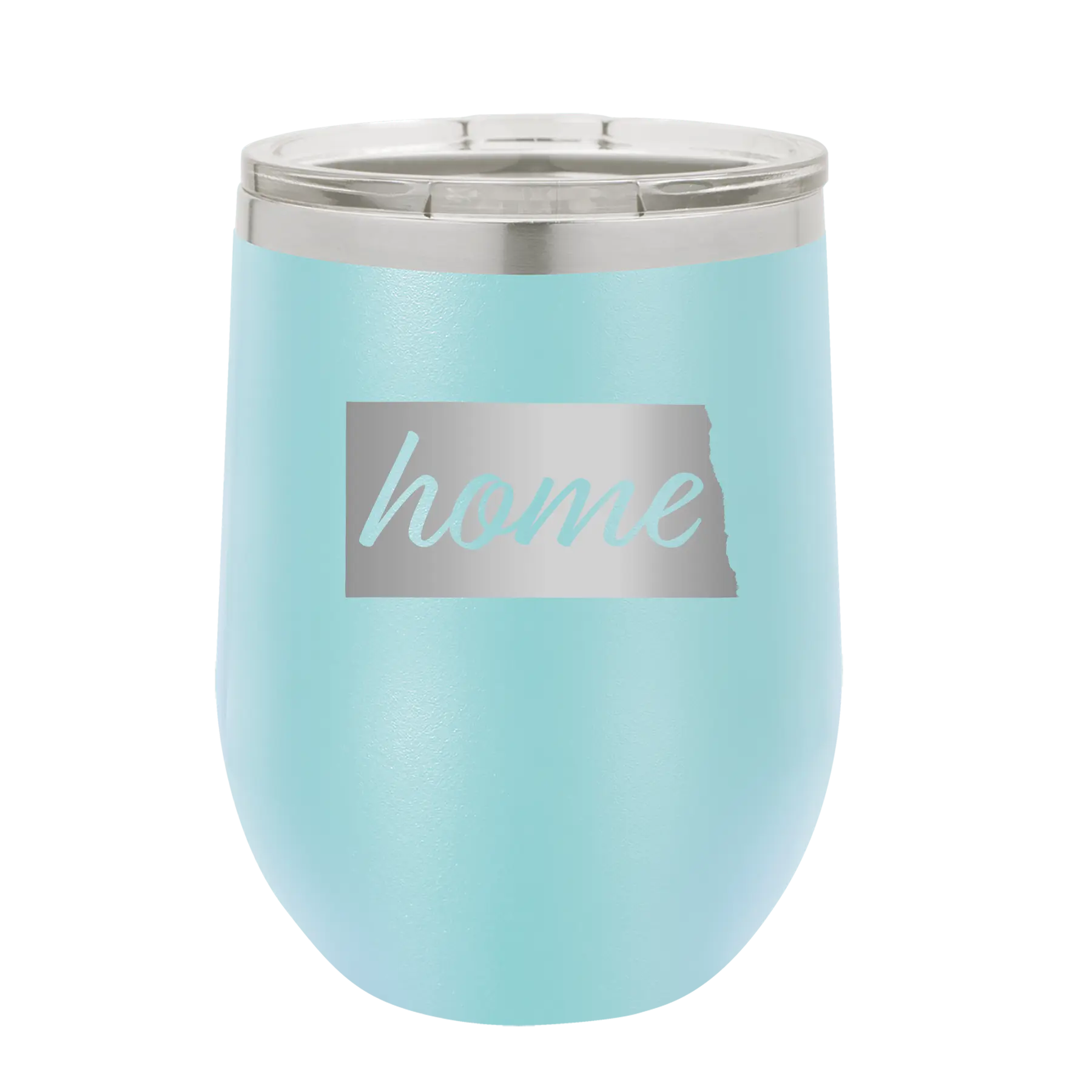 Laser etched light blue 12 oz vacuum insulated wine cup with 'North Dakota Home' design