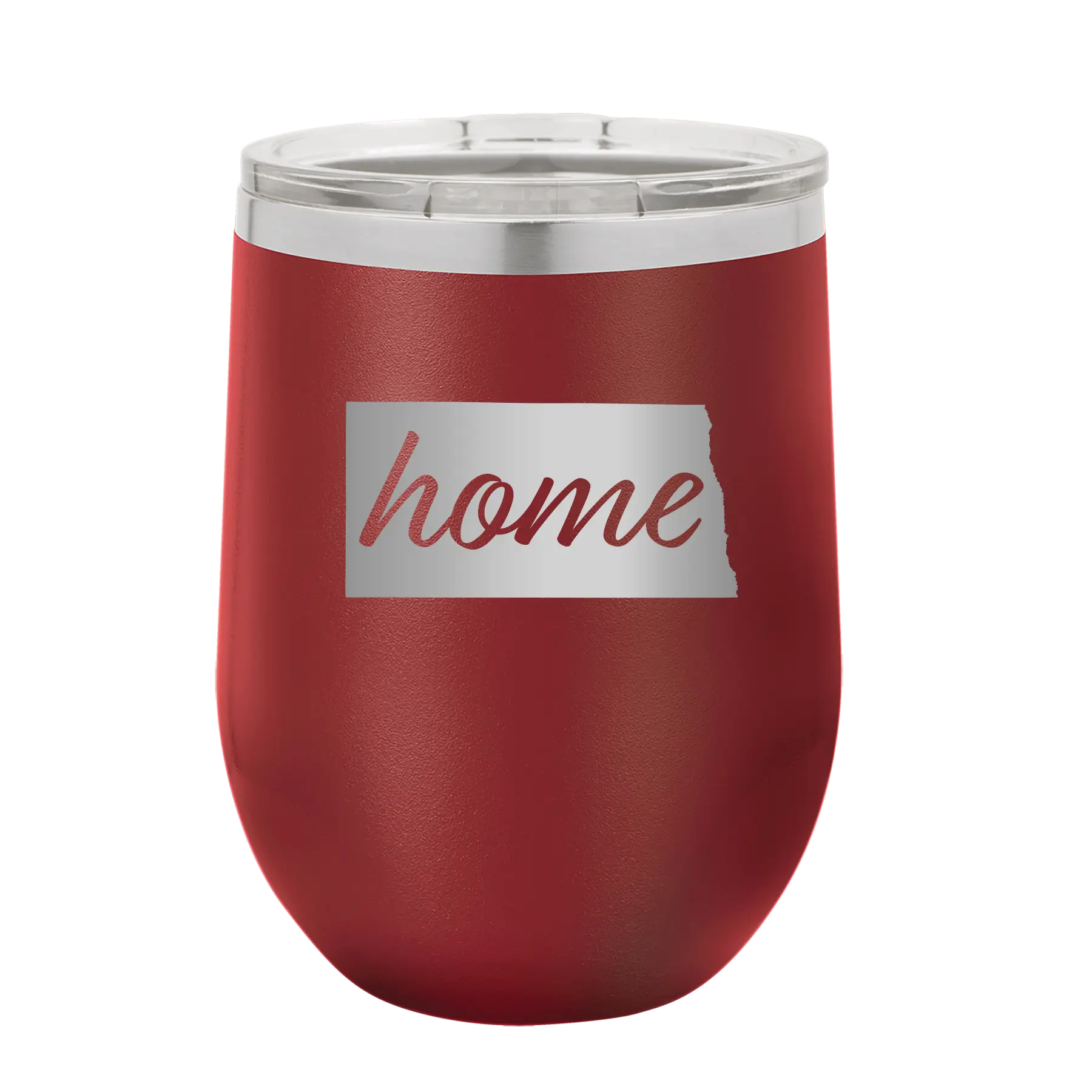 Laser etched maroon 12 oz vacuum insulated wine cup with 'North Dakota Home' design