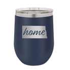 Laser etched navy 12 oz vacuum insulated wine cup with 'North Dakota Home' design