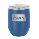 Laser etched royal blue 12 oz vacuum insulated wine cup with 'North Dakota Home' design