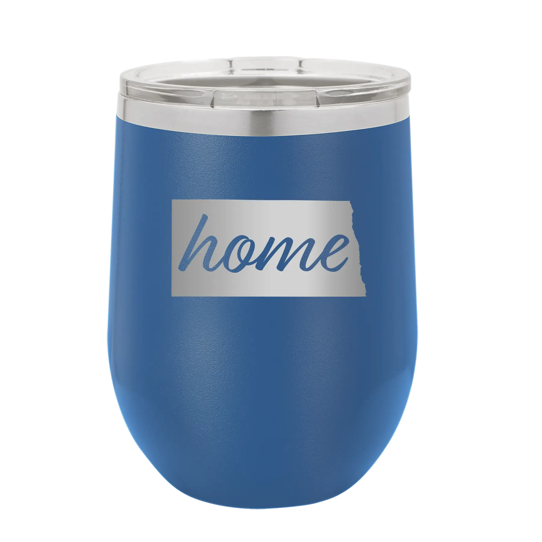 Laser etched royal blue 12 oz vacuum insulated wine cup with 'North Dakota Home' design