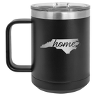 Laser etched black 15 oz vacuum insulated coffee mug with 'North Carolina Home' design