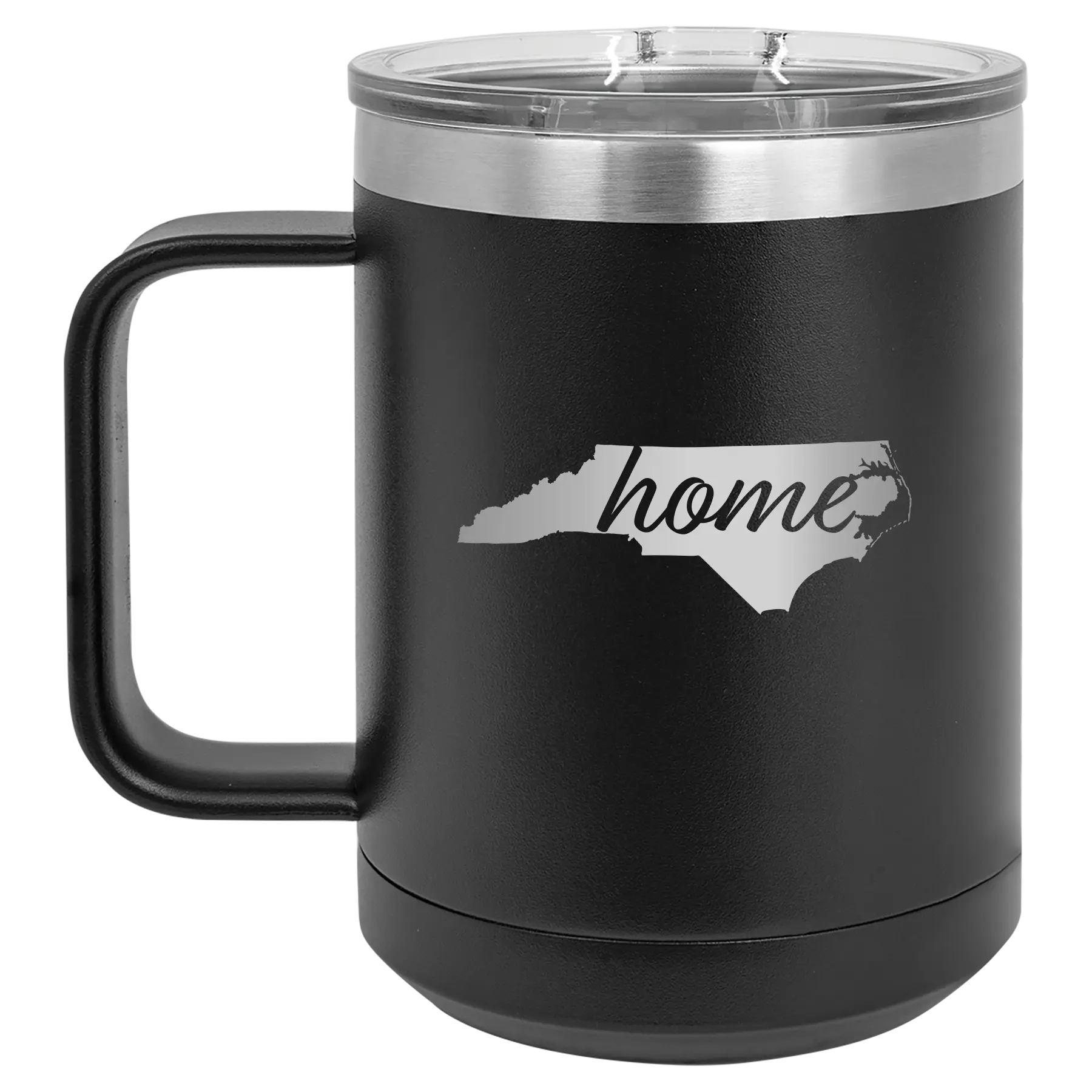 Laser etched black 15 oz vacuum insulated coffee mug with 'North Carolina Home' design