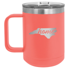 Laser etched coral 15 oz vacuum insulated coffee mug with 'North Carolina Home' design