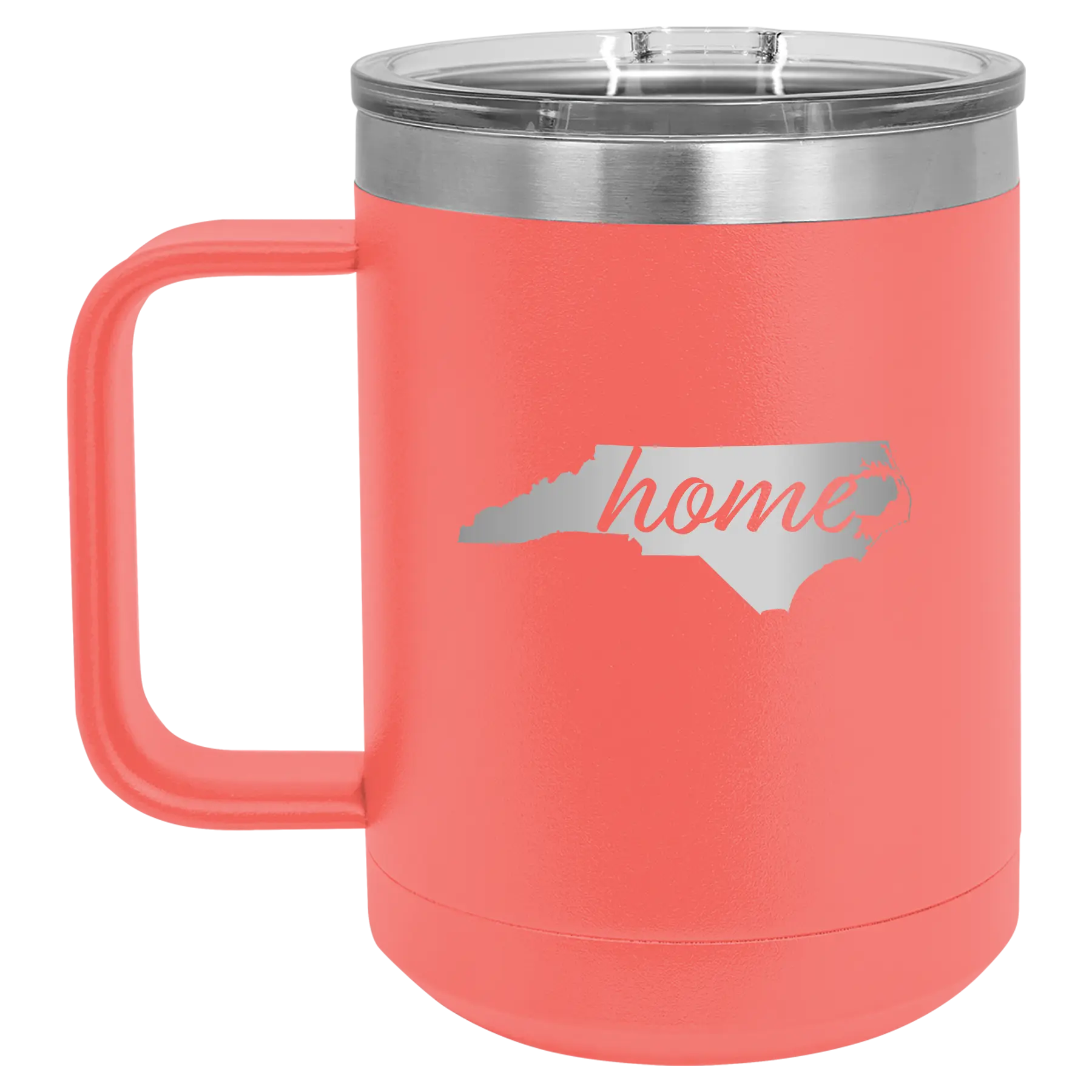 Laser etched coral 15 oz vacuum insulated coffee mug with 'North Carolina Home' design