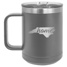 Laser etched dark gray 15 oz vacuum insulated coffee mug with 'North Carolina Home' design