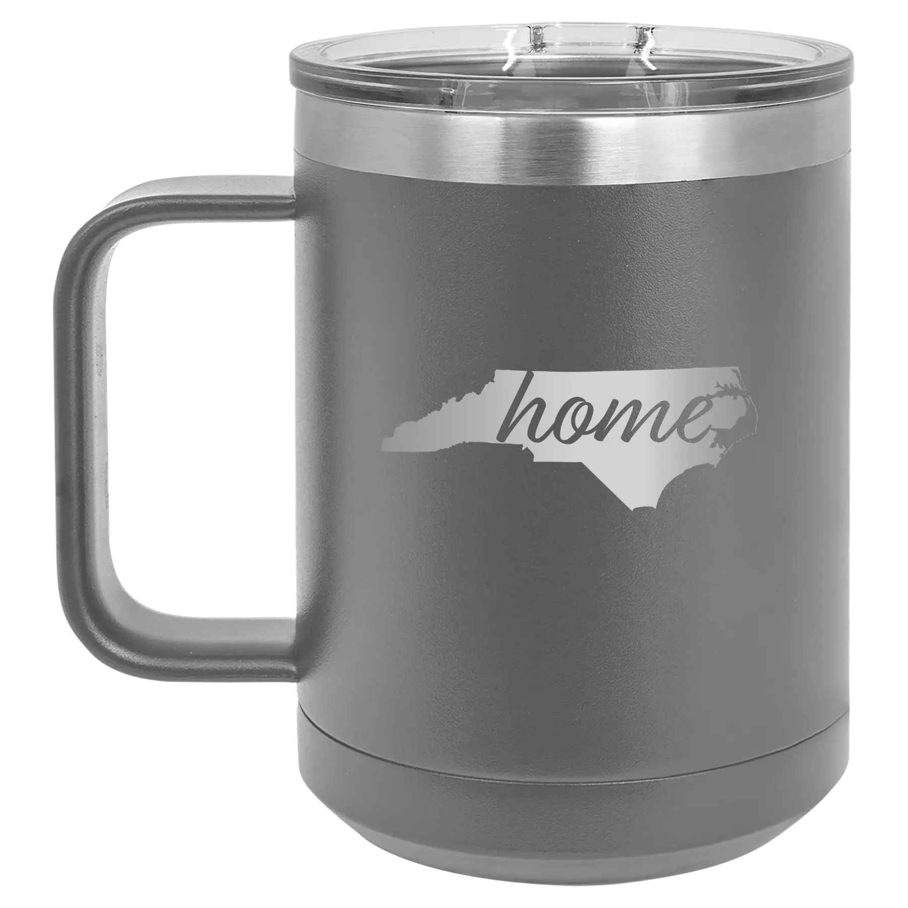 Laser etched dark gray 15 oz vacuum insulated coffee mug with 'North Carolina Home' design