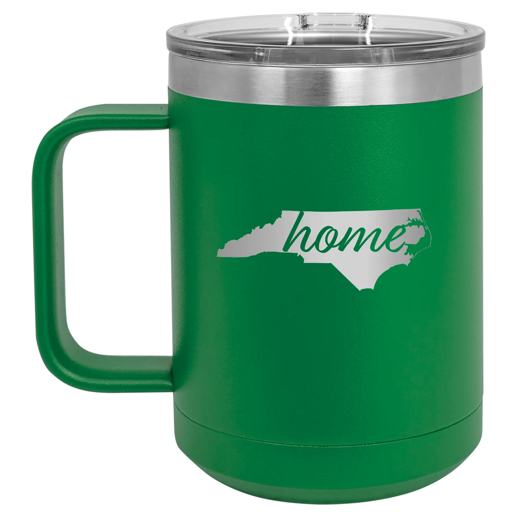 Laser etched green 15 oz vacuum insulated coffee mug with 'North Carolina Home' design