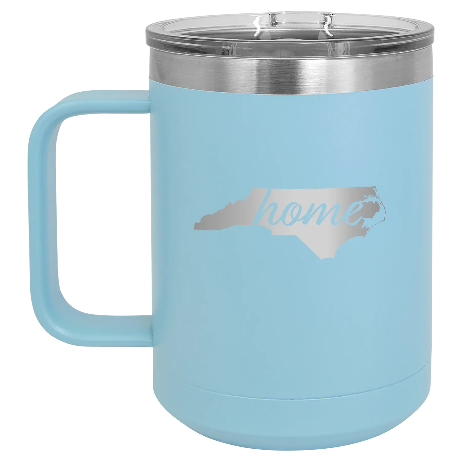 Laser etched light blue 15 oz vacuum insulated coffee mug with 'North Carolina Home' design
