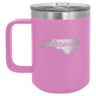 Laser etched light purple 15 oz vacuum insulated coffee mug with 'North Carolina Home' design