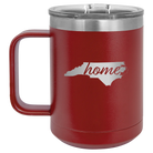 Laser etched maroon 15 oz vacuum insulated coffee mug with 'North Carolina Home' design