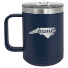 Laser etched navy 15 oz vacuum insulated coffee mug with 'North Carolina Home' design