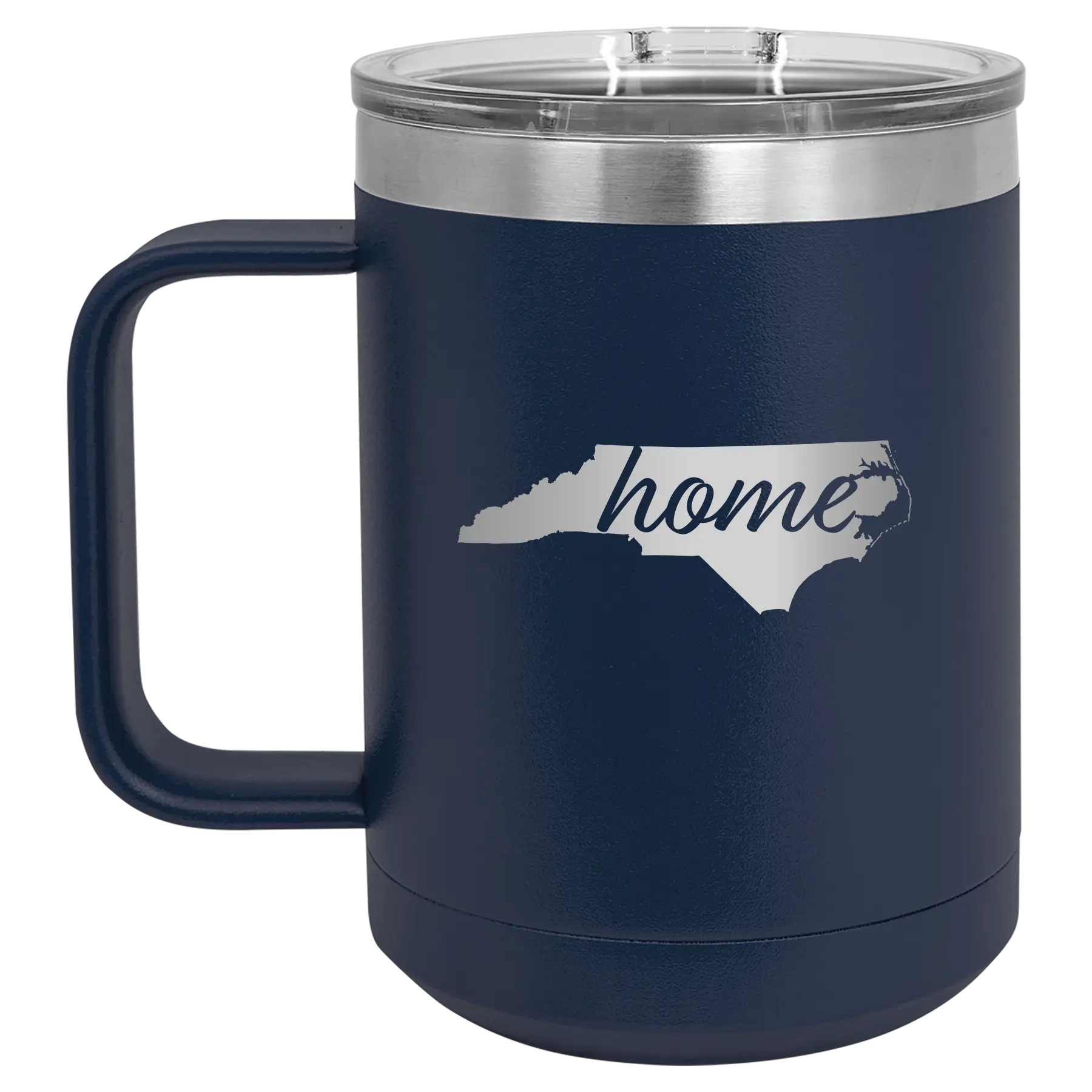 Laser etched navy 15 oz vacuum insulated coffee mug with 'North Carolina Home' design