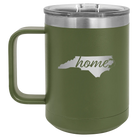 Laser etched olive green 15 oz vacuum insulated coffee mug with 'North Carolina Home' design